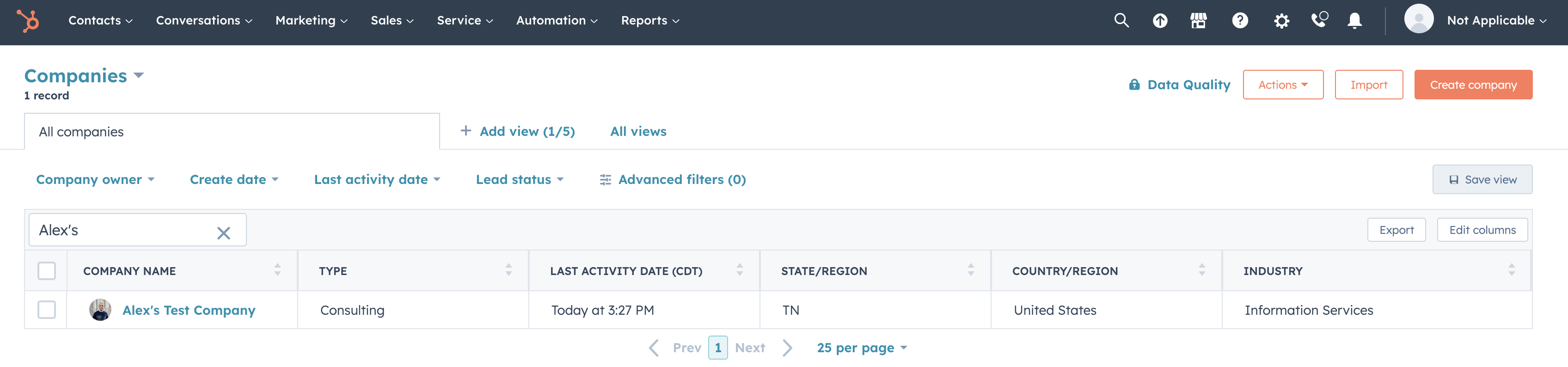 This is what my company view looks like with the fake company I set up for testing purposes.