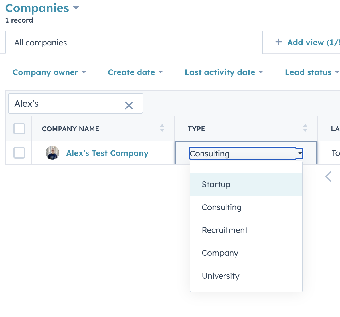 This is the custom Company Type field dropbox I created