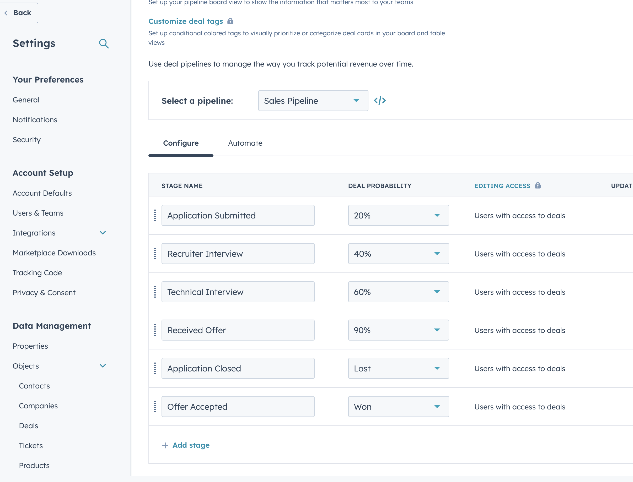 My initial pass at setting up the different stages of a job application process.